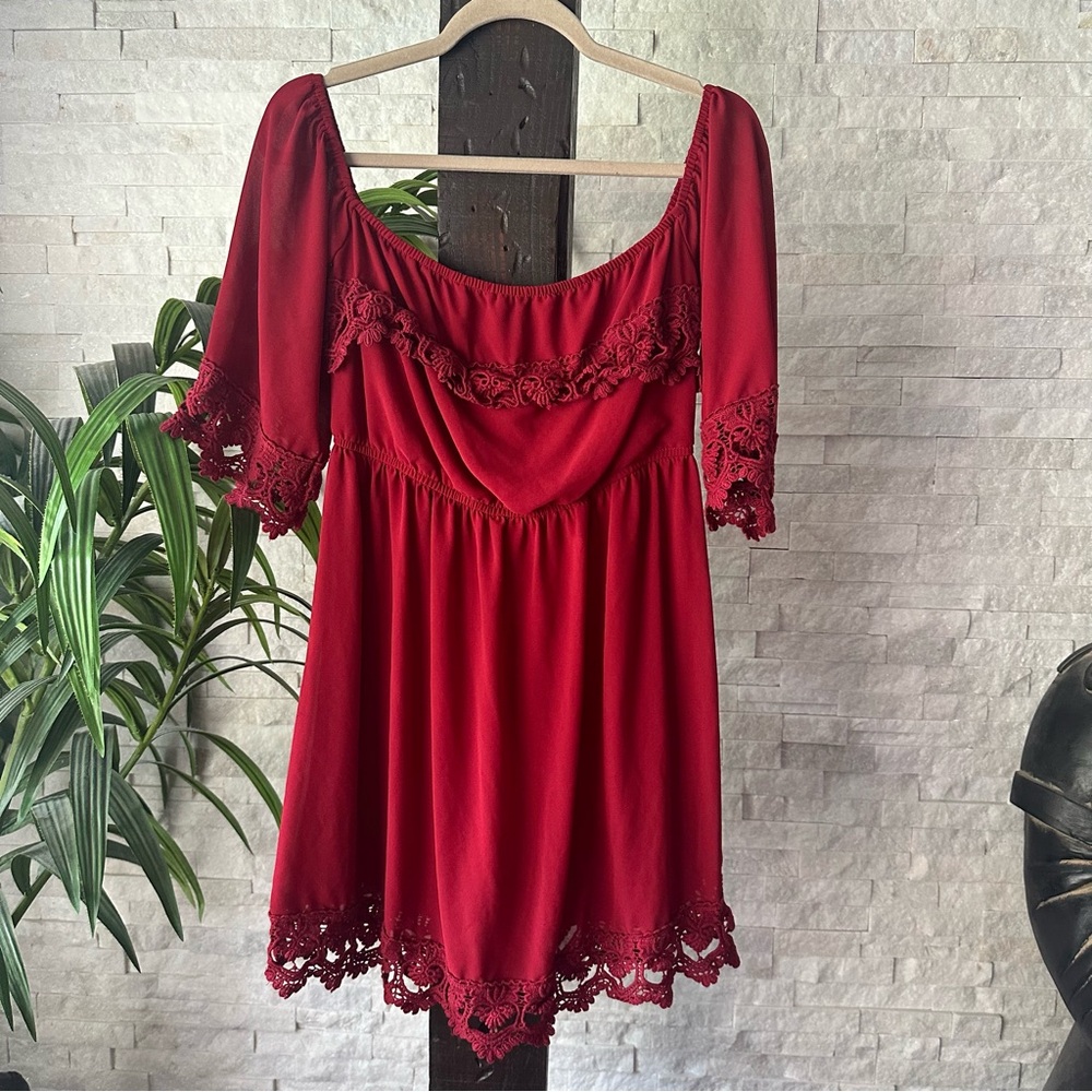 Umgee Dark Red Burgundy Off Shoulder boho festival Dress Size M